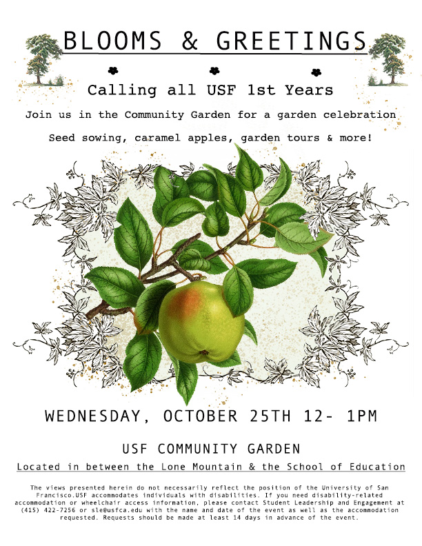 Grace Cookston white flyer with black text and the graphic of an apple on a tree branch, promoting freshman event in the community garden