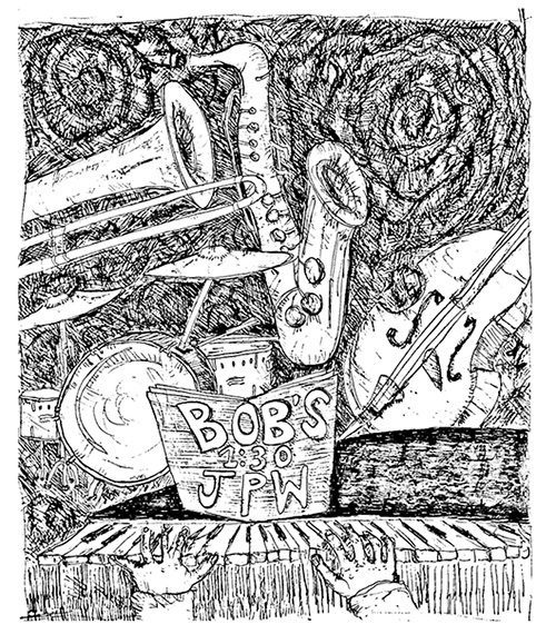 Grace Cookston ballpoint pen flyer for a jazz show, hands playing a piano with jazz instruments behind it