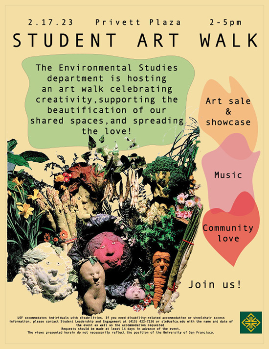 Grace Cookston Student art walk flyer, yellow flyer with colorful vegetable art and blobs of color containing event information