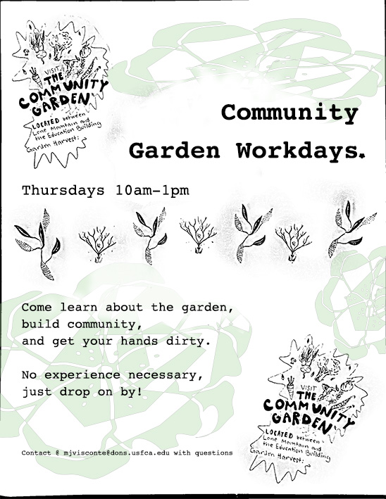 Grace Cookston Student white community garden workday flyer with green digitally designed flowers and black scanned images from gardening manuals and drawings