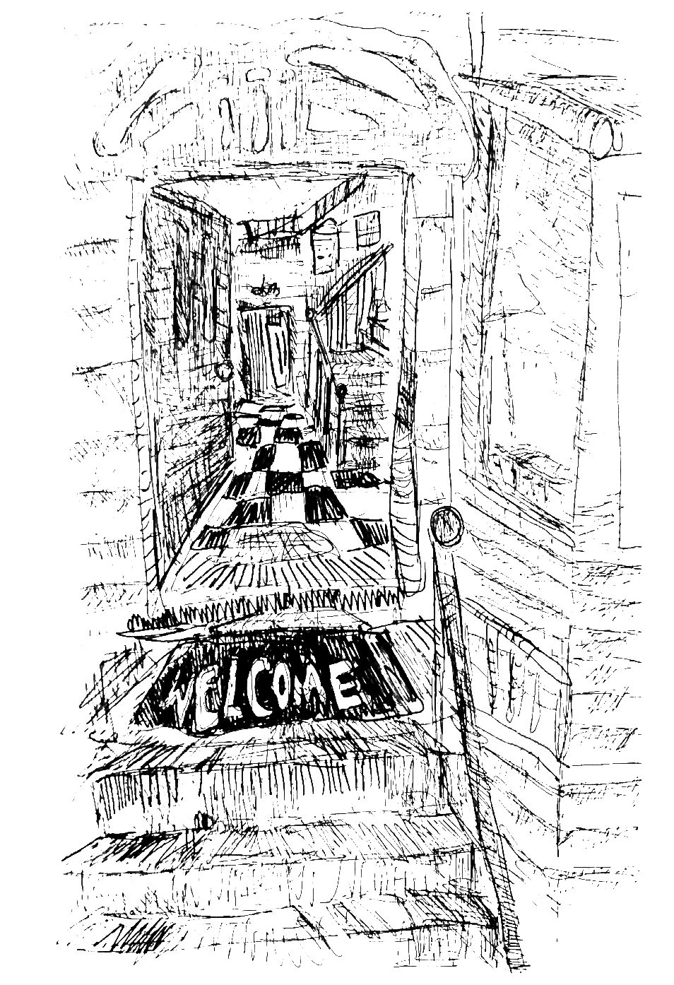 Grace Cookston pen drawing of an open door to house that says welcome