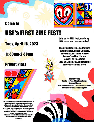 Grace Cookston Student zine fest flyer, a white flyer with vibrant graphic characters such as hearts with faces, black text promoting zine fest event