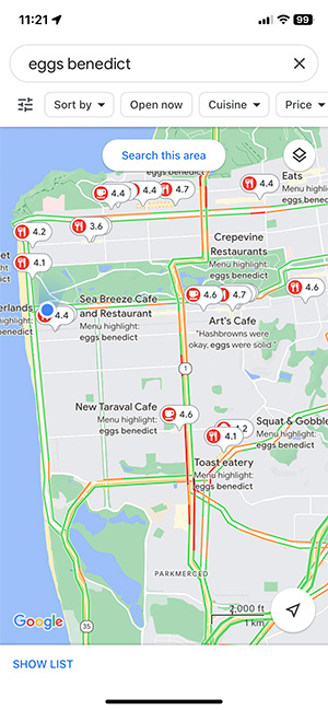  Google maps search looking for cafes that have eggs eggs benedict