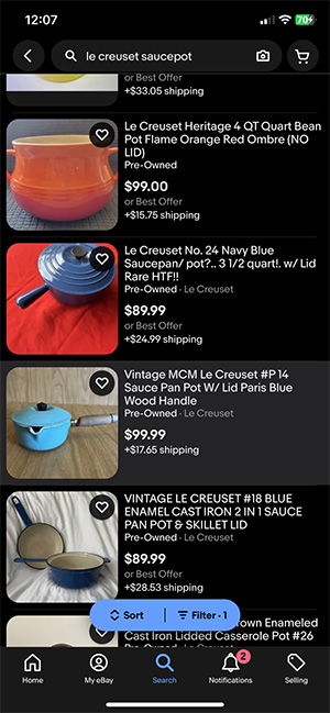 Screenshot from eBay app for Le cruset pans