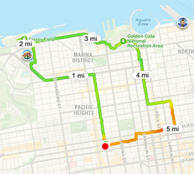 Map app showing a running route